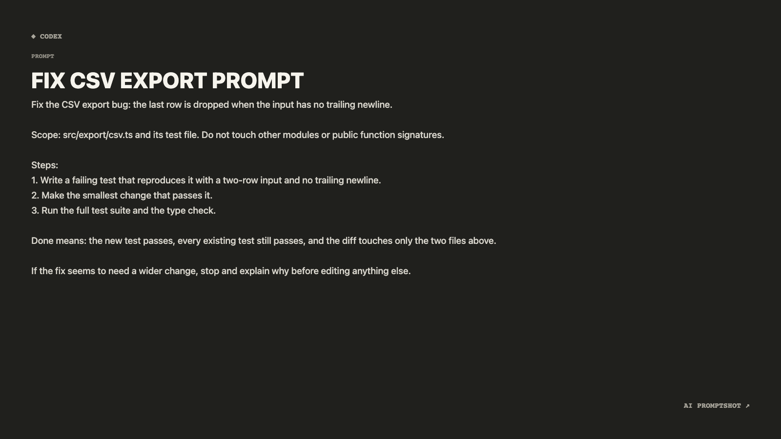 Unedited Terminal template export of the prompt on this page, at 1600 × 900, under the generated heading "FIX CSV EXPORT PROMPT"