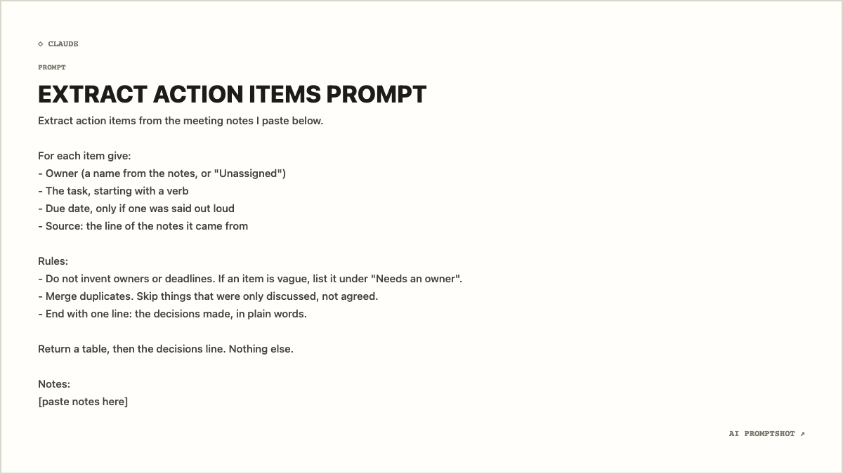 Unedited Research template export of the prompt on this page, at 1200 × 675, under the generated heading "EXTRACT ACTION ITEMS PROMPT"