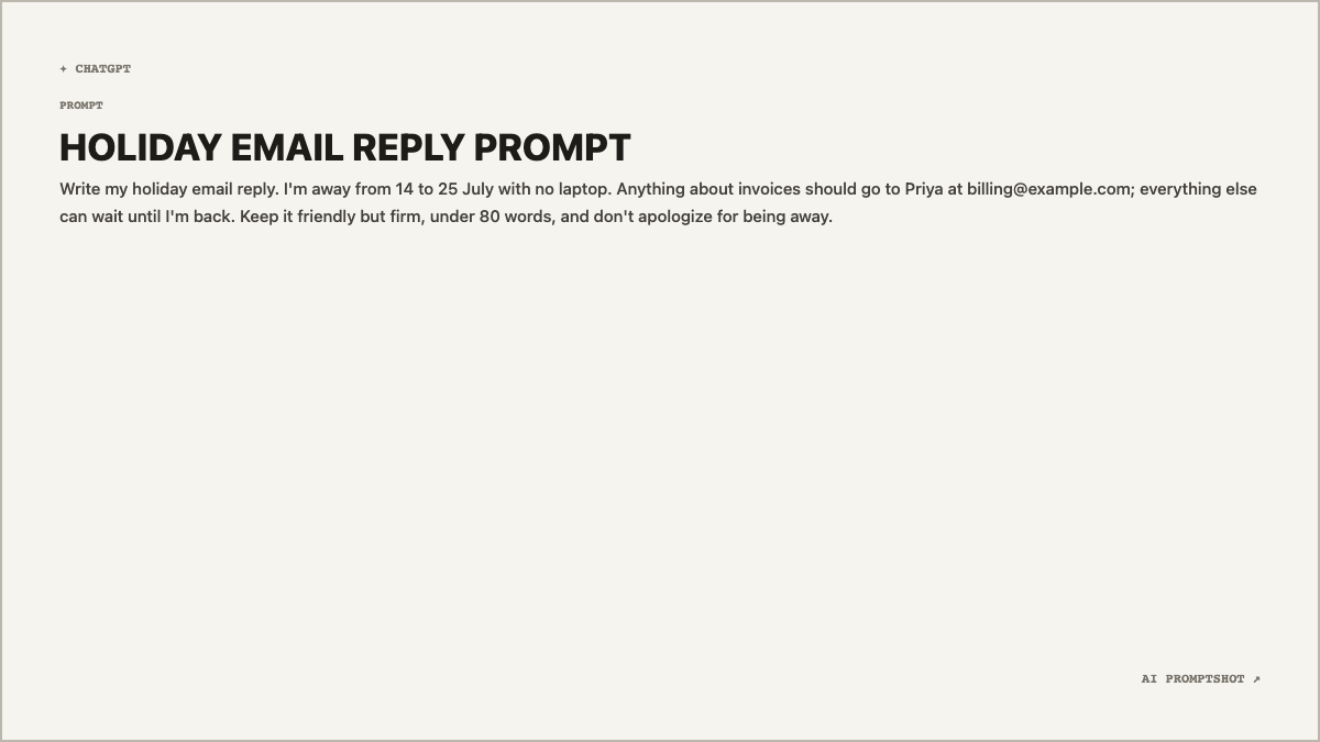 Real Clean template export at 1200 × 675, rendering the example prompt below under the generated title "HOLIDAY EMAIL REPLY PROMPT"