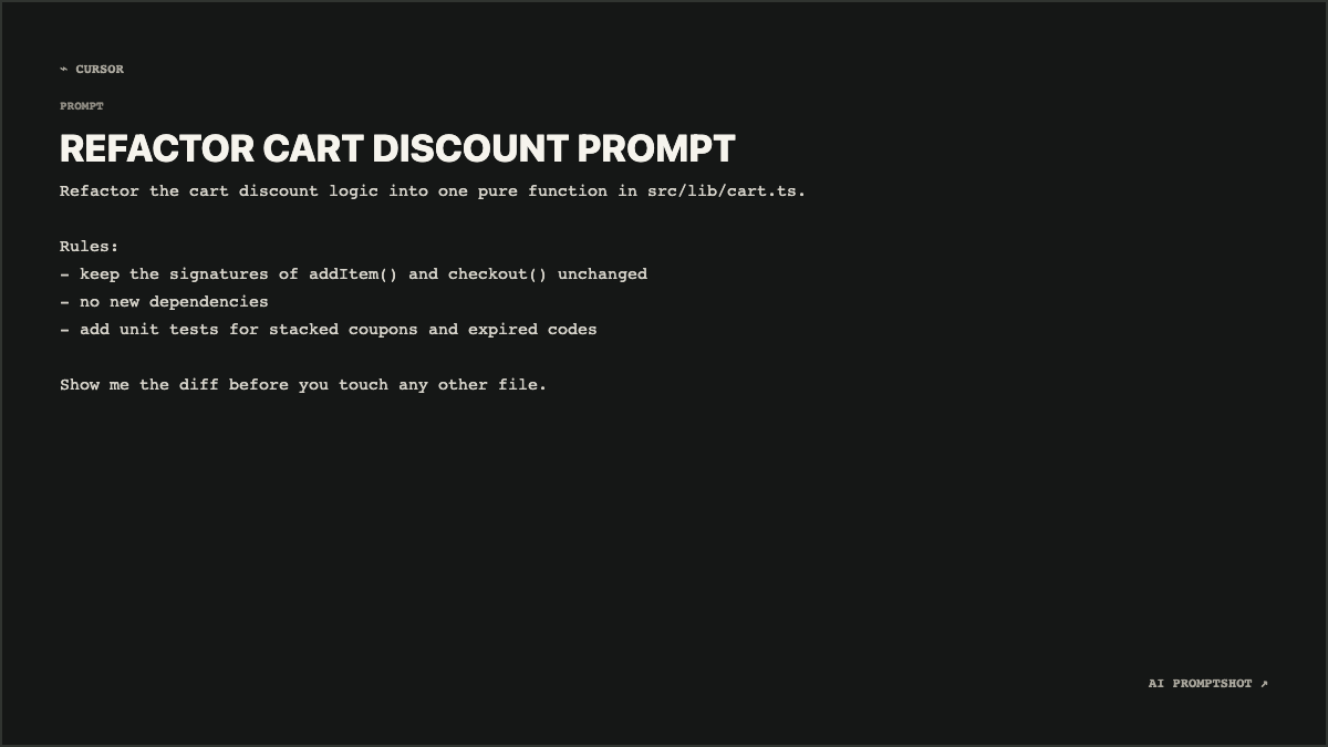 Real Developer template export at 1200 × 675, rendering the example prompt below under the generated title "REFACTOR CART DISCOUNT PROMPT"