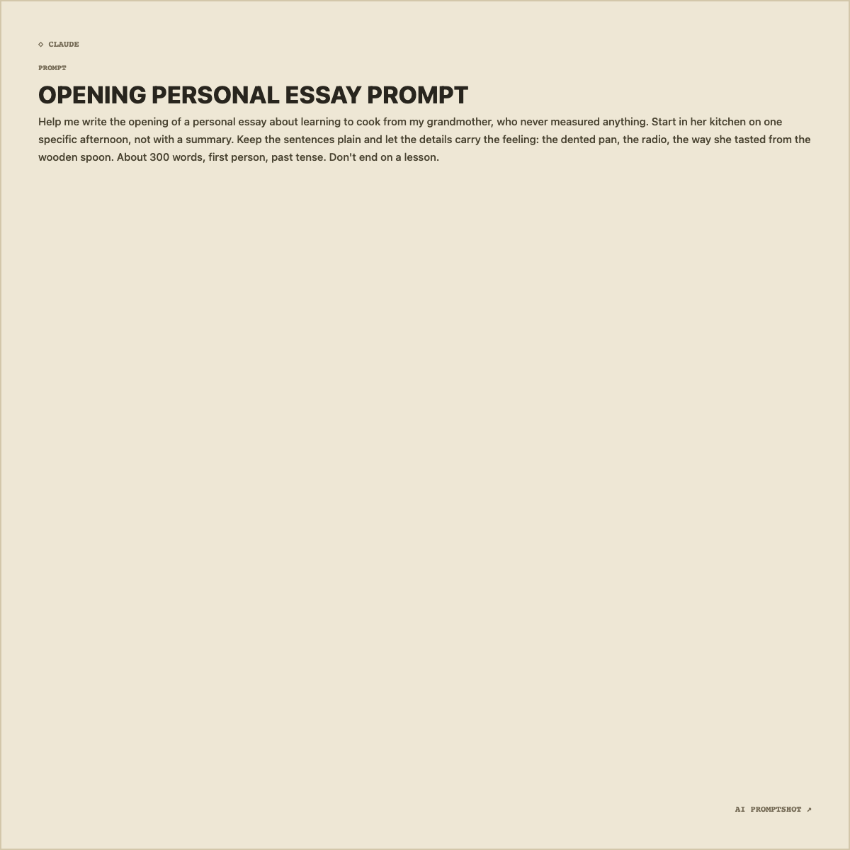 Real Editorial template export at 1200 × 1200, rendering the example prompt below under the generated title "OPENING PERSONAL ESSAY PROMPT"