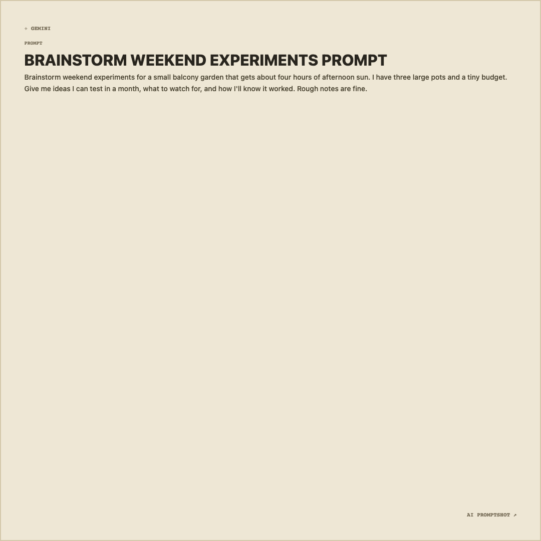 Real Notebook template export at 1080 × 1080, rendering the example prompt below under the generated title "BRAINSTORM WEEKEND EXPERIMENTS PROMPT"