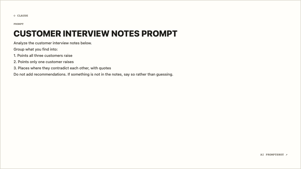 Real Research template export at 1200 × 675, rendering the example prompt below under the generated title "CUSTOMER INTERVIEW NOTES PROMPT"