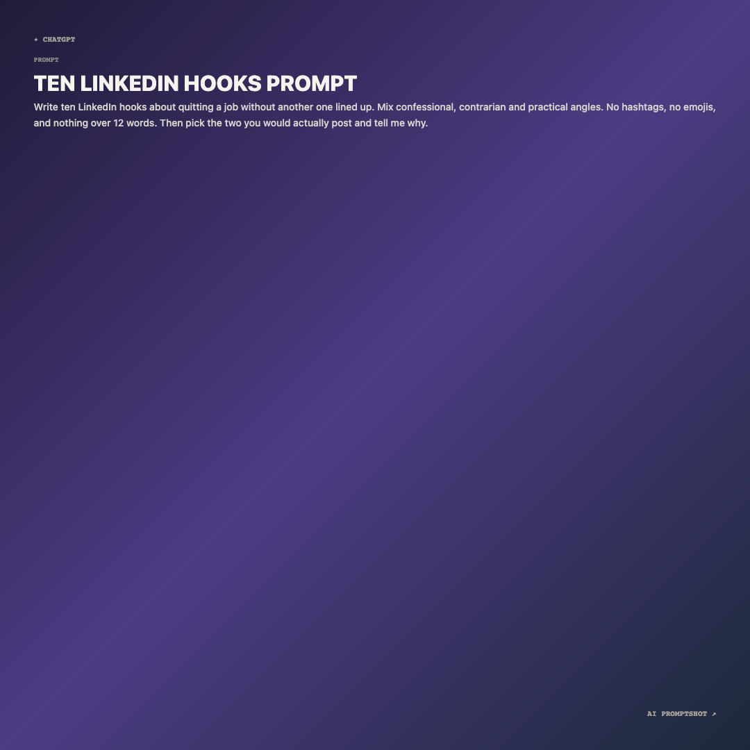 Real Social template export at 1080 × 1080, rendering the example prompt below under the generated title "TEN LINKEDIN HOOKS PROMPT"