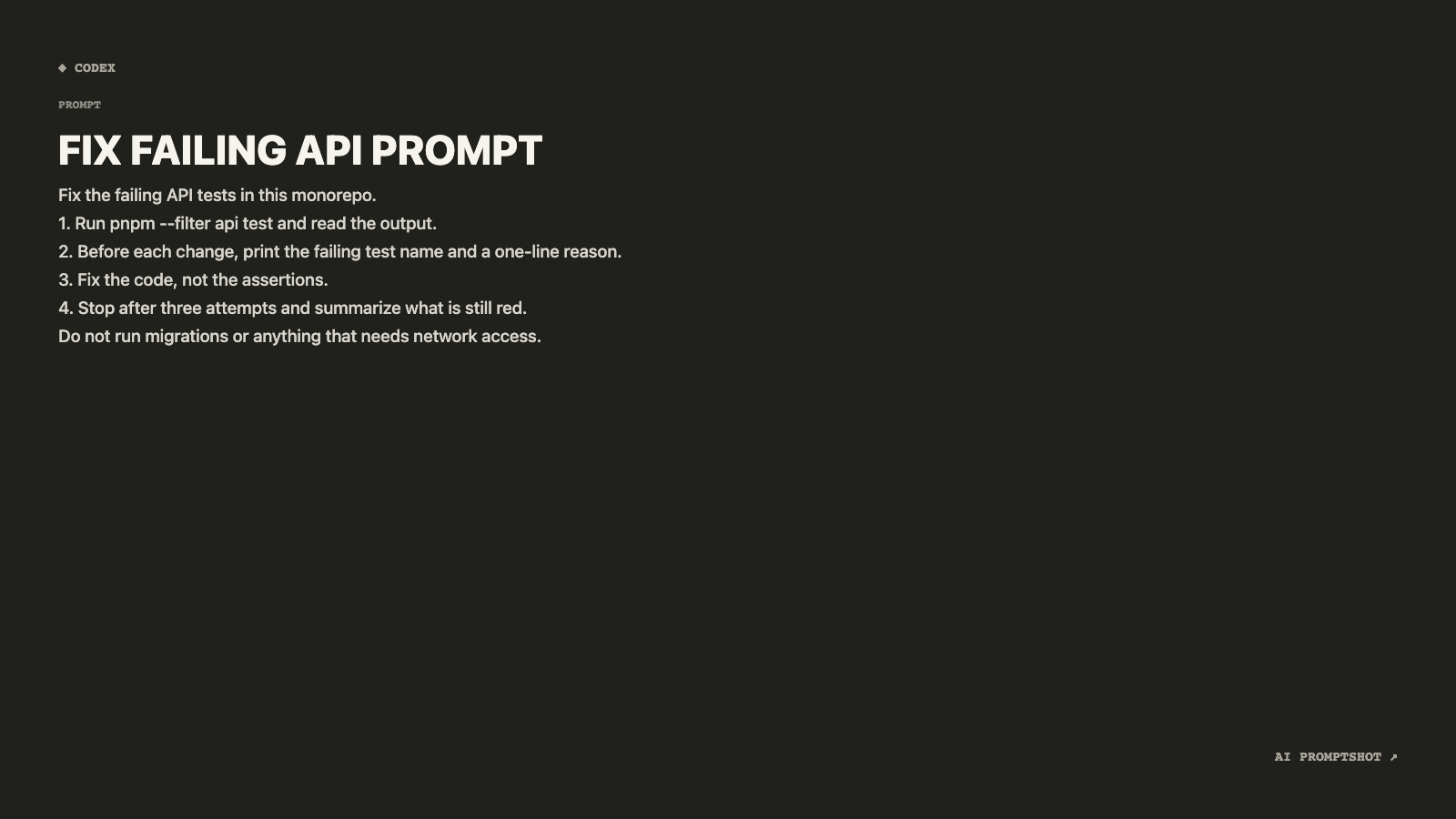 Real Terminal template export at 1600 × 900, rendering the example prompt below under the generated title "FIX FAILING API PROMPT"